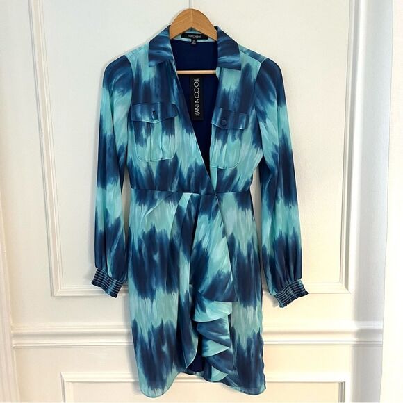 Toccin Tie Dye Wrap Front Long Sleeve Shirt Dress in Blue Size 0 NWT - Picture 2 of 11